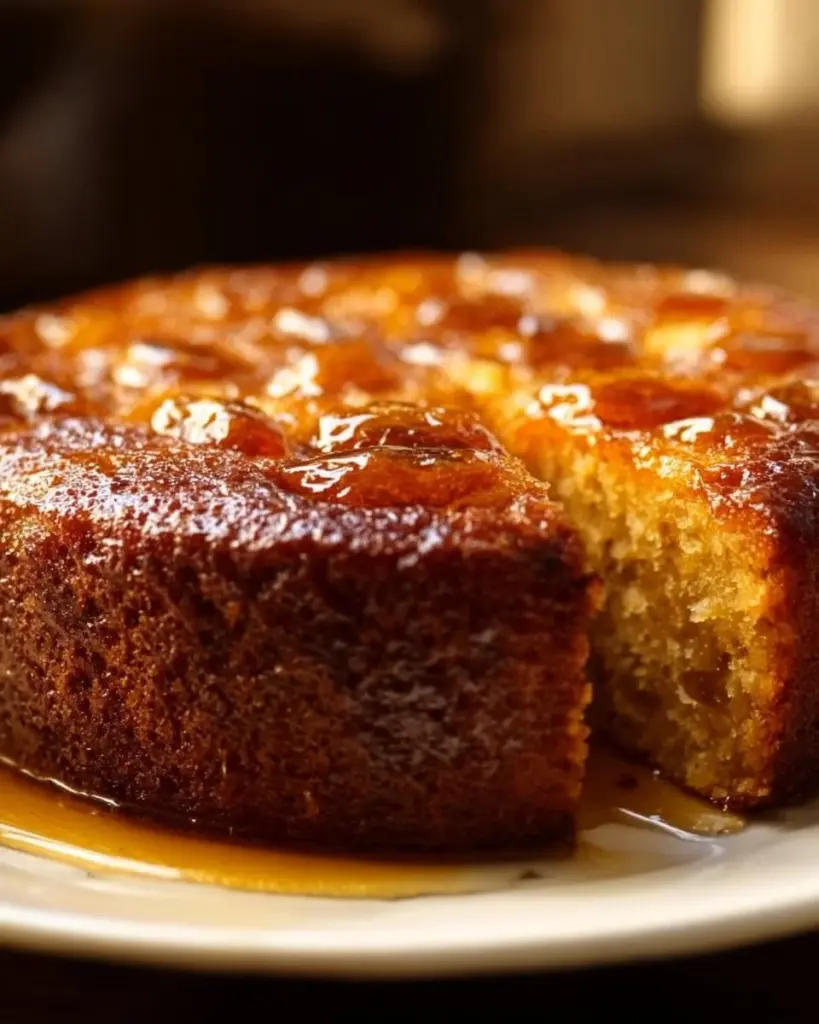 Datteln und Goldsirup Kuchen auf einem Teller serviert.