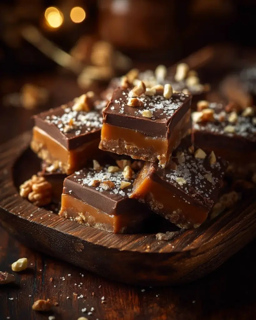 Dekadente gesalzene Karamell-Fudge-Riegel auf einem Holzbrett.