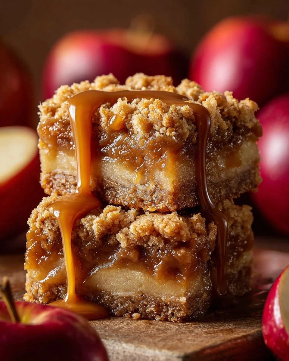 Dekadenter Karamell-Apfel-Krümelkuchen mit saftigen Äpfeln und Karamellsoße