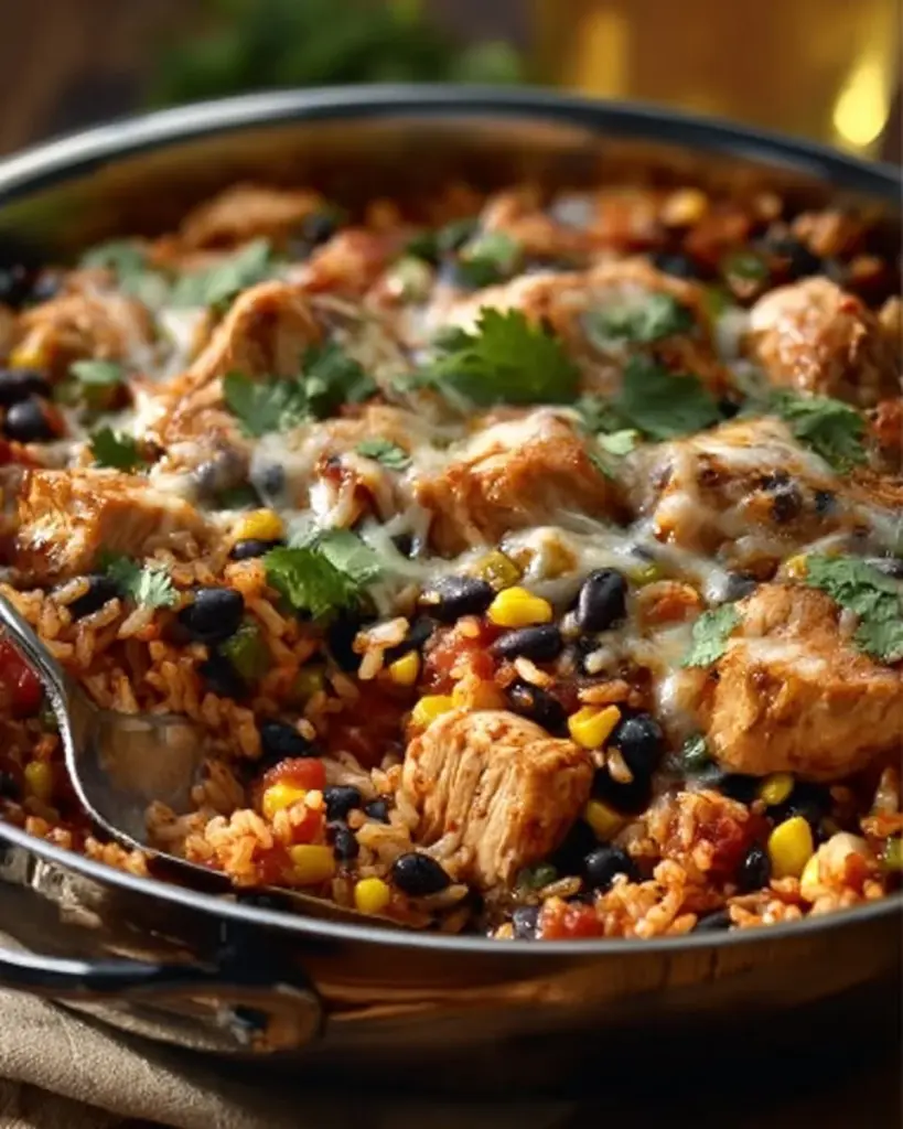 Leckere Hähnchen Reis Taco Pfanne mit frischen Zutaten und Gewürzen