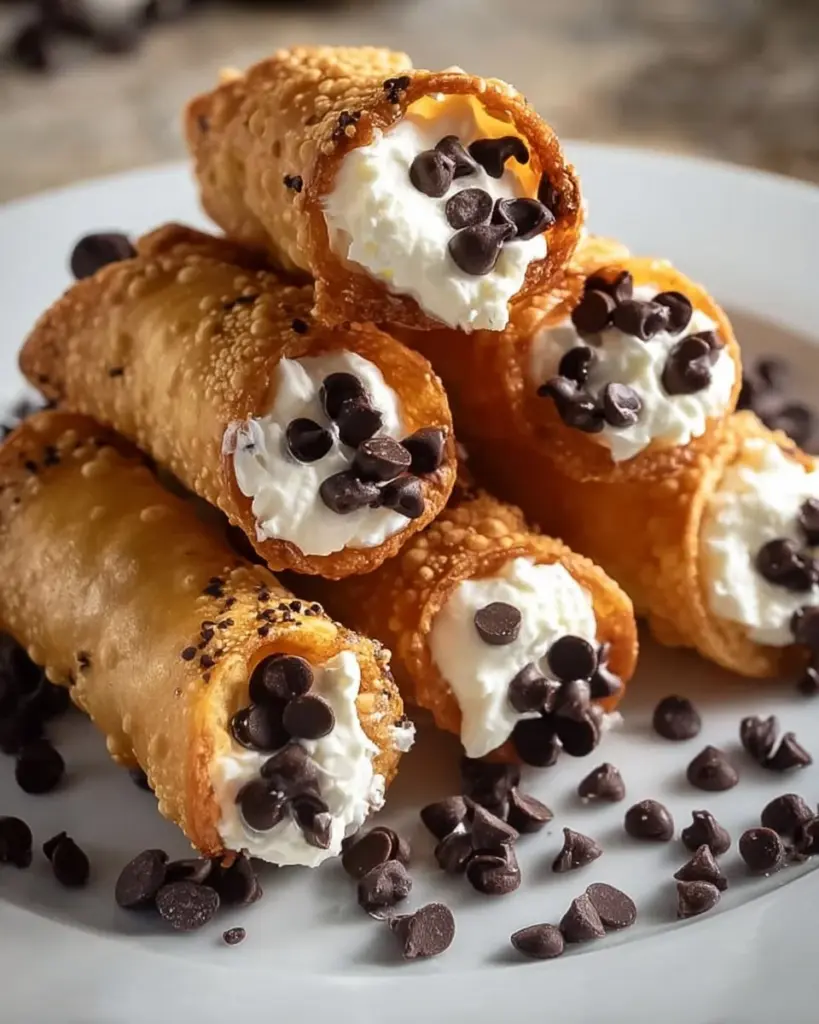 Hausgemachte Cannoli-Bisse mit süßer Füllung auf einem Teller.