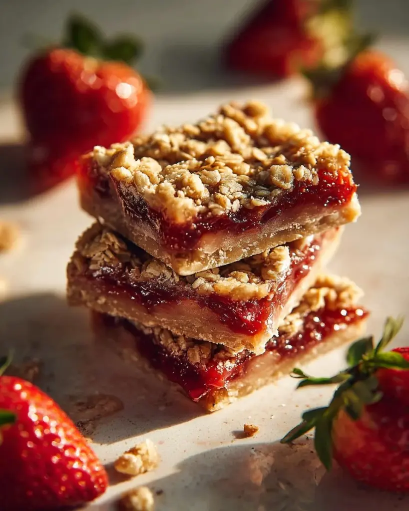 Leckere Erdbeer-Haferflocken-Riegel, ideal für einen gesunden Snack.