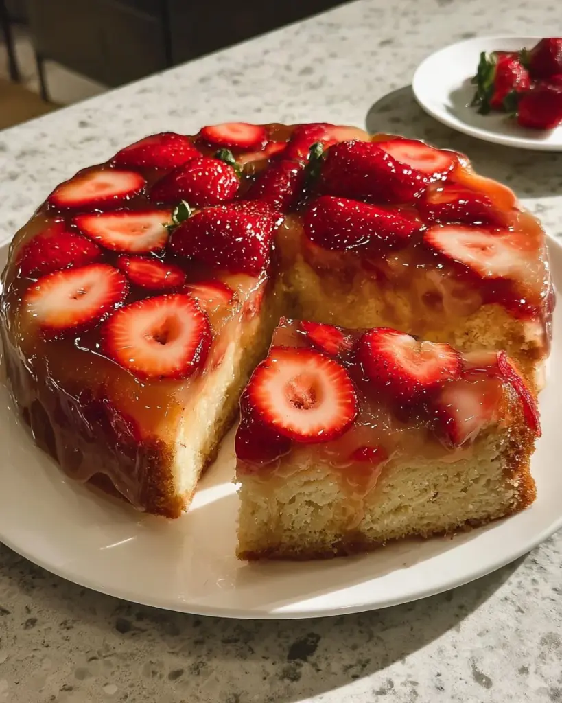 Erdbeer-Honig-Umgekehrter Kuchen mit frischen Erdbeeren und Honig.