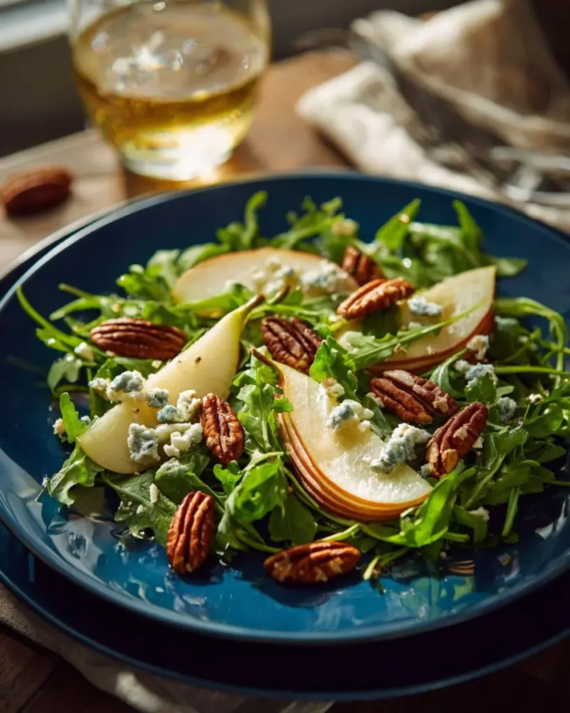 Frischer Birnen-Rucola-Salat mit Nüssen und Dressing auf einem Teller