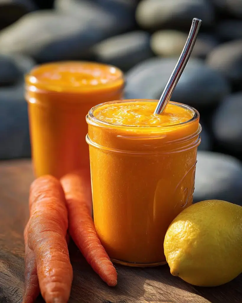 Frischer Karottensmoothie mit Orange und Mango in einem Glas