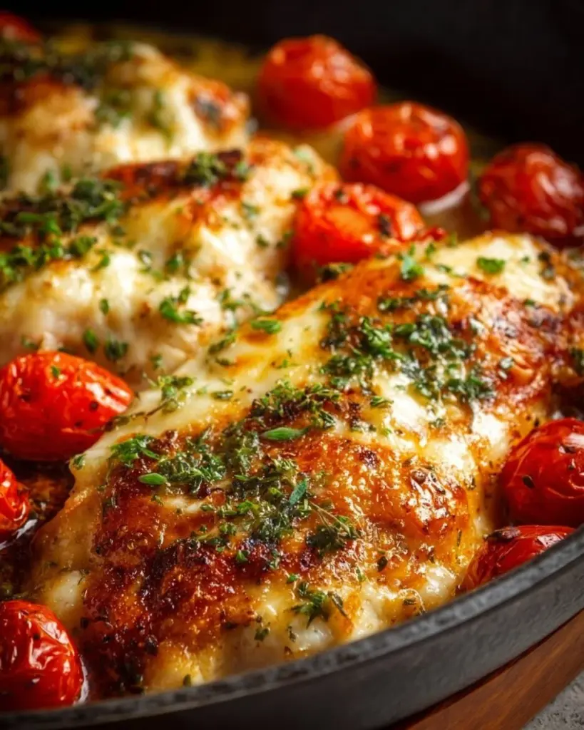 Hähnchen-Mozzarella-Auflauf mit frischem Basilikum und Käse überbacken