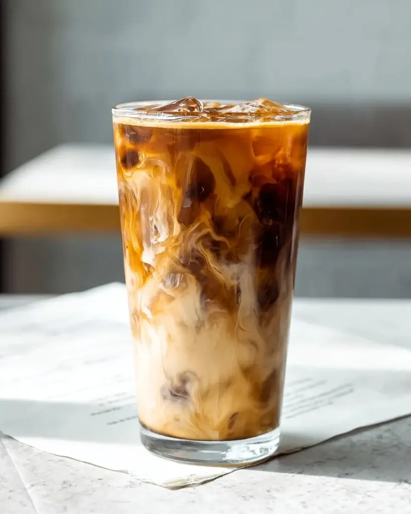 Hausgemachter Kürbiskrem Cold Brew in einer Tasse mit Kürbisdekor