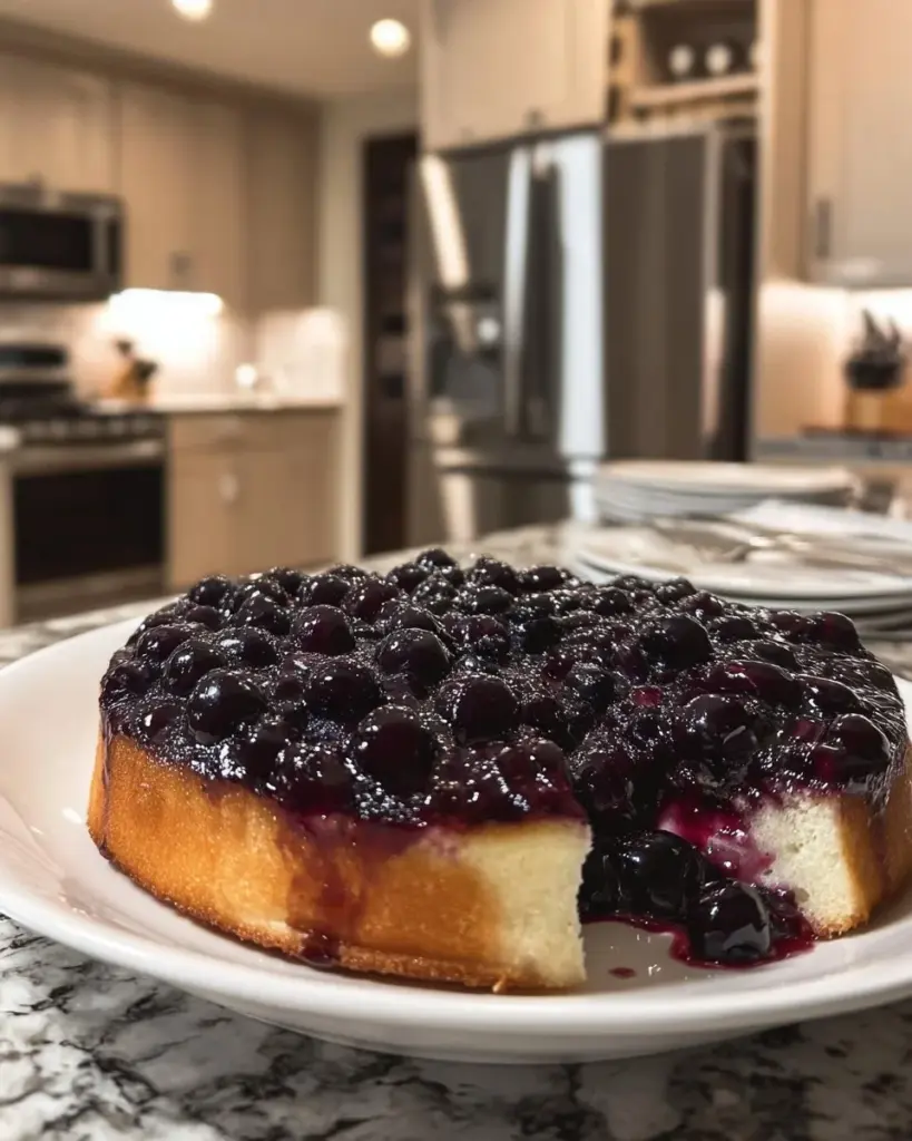 Heidelbeer-Joghurt-Umdrehkuchen auf einem Teller, dekoriert mit frischen Beeren.
