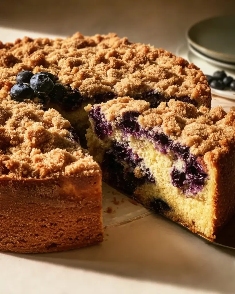 Leckerer Heidelbeer-Krümelkuchen auf einem Teller, perfekt für süße Genussmomente.