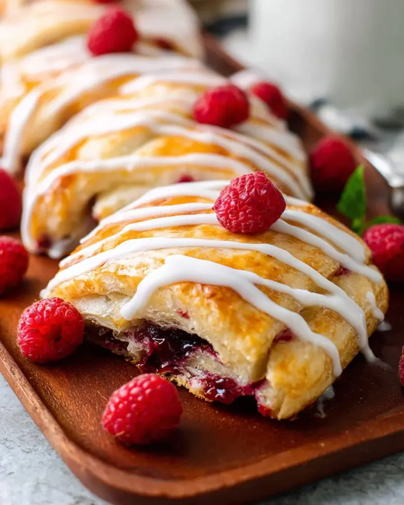 Himbeer-Käsekuchen-Croissant-Ring auf einem Teller serviert mit frischen Himbeeren