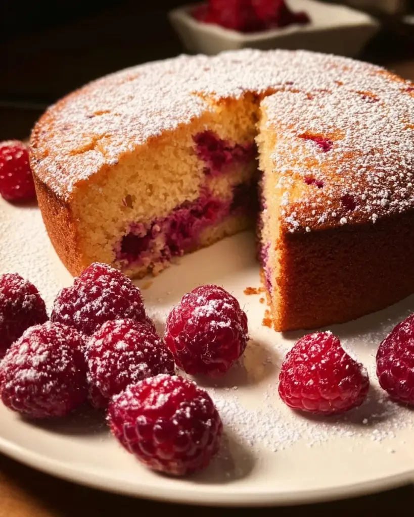 Himbeerbrauner Zuckerkuchen auf einem Teller, dekoriert mit frischen Himbeeren.