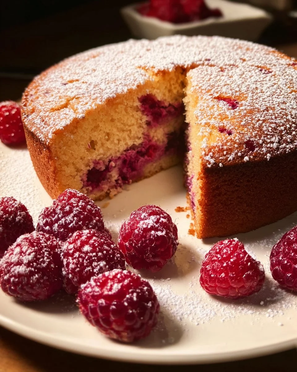 Himbeerbrauner Zuckerkuchen auf einem Teller, dekoriert mit frischen Himbeeren.