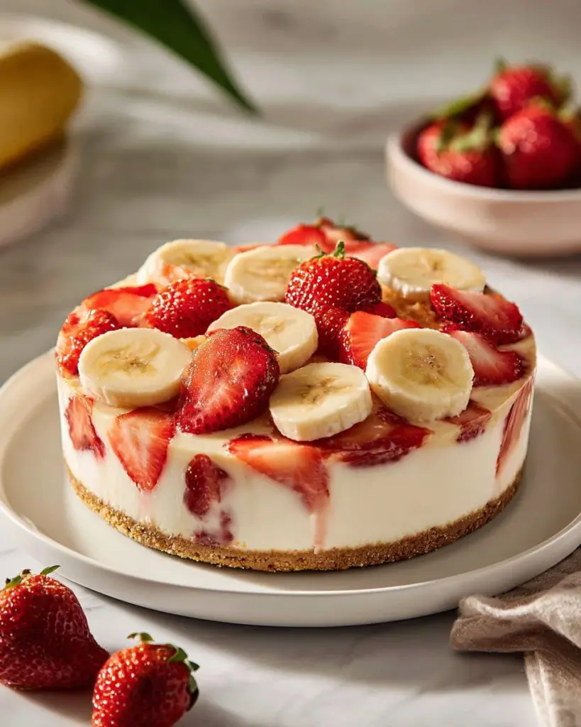Himmlischer Erdbeer-Bananen-Käsekuchen mit frischen Erdbeeren und Bananen