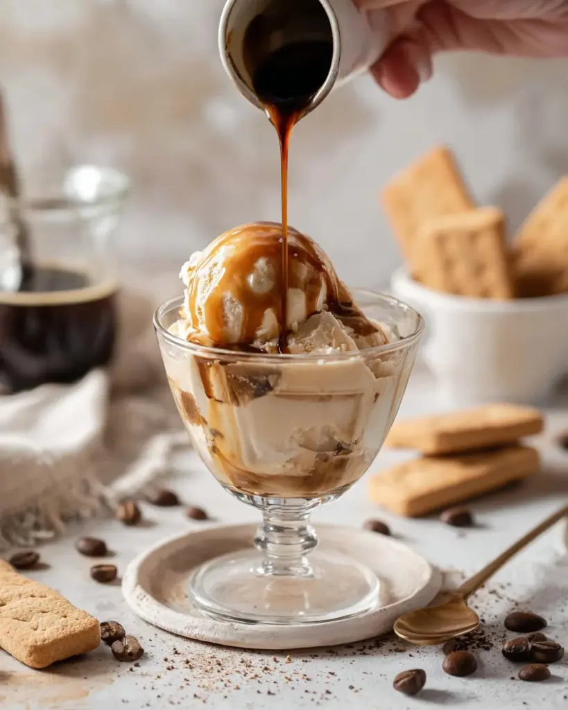 Himmlisches gesalzenes Karamell Affogato mit Eis und Kaffee in einer eleganten Tasse.
