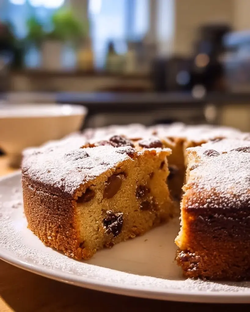 Saftiger Honig-Dattel-Tee-Kuchen auf einem Holzbrett, perfekt für Teezeit.