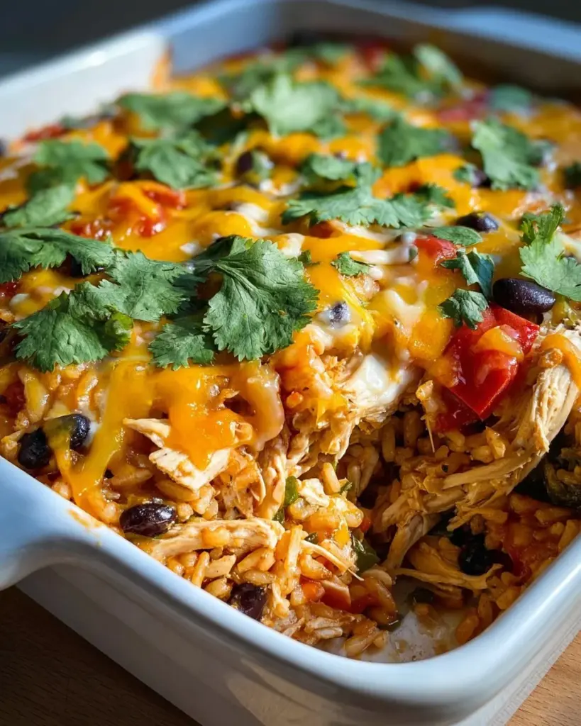 Hühnchen-Burrito-Auflauf mit buntem Gemüse und Käse überbacken