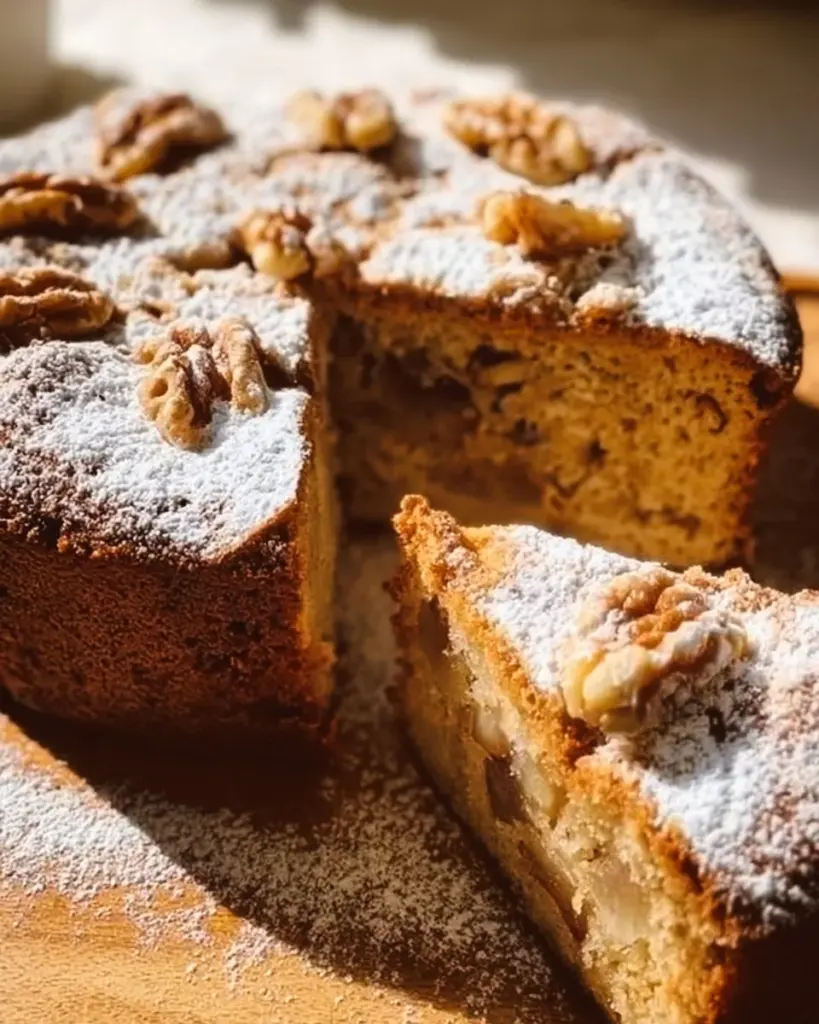Slice of Ingwer-Walnuss-Tee-Kuchen on a plate with tea