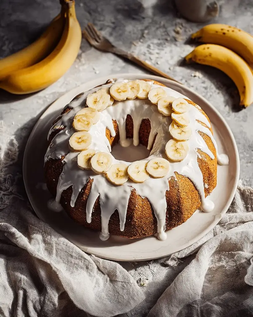 Irresistibler Bananen-Bundt-Kuchen auf einem Teller serviert.