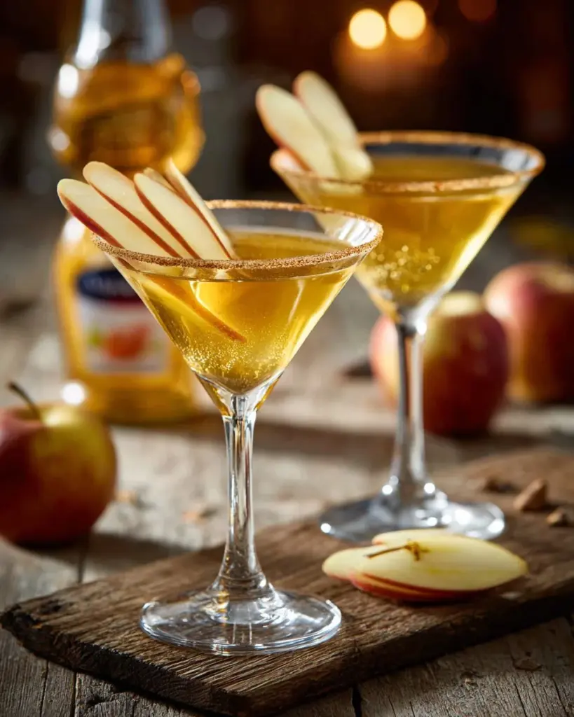 Gesalzener Karamell-Apfel-Martini in einem eleganten Cocktailglas.