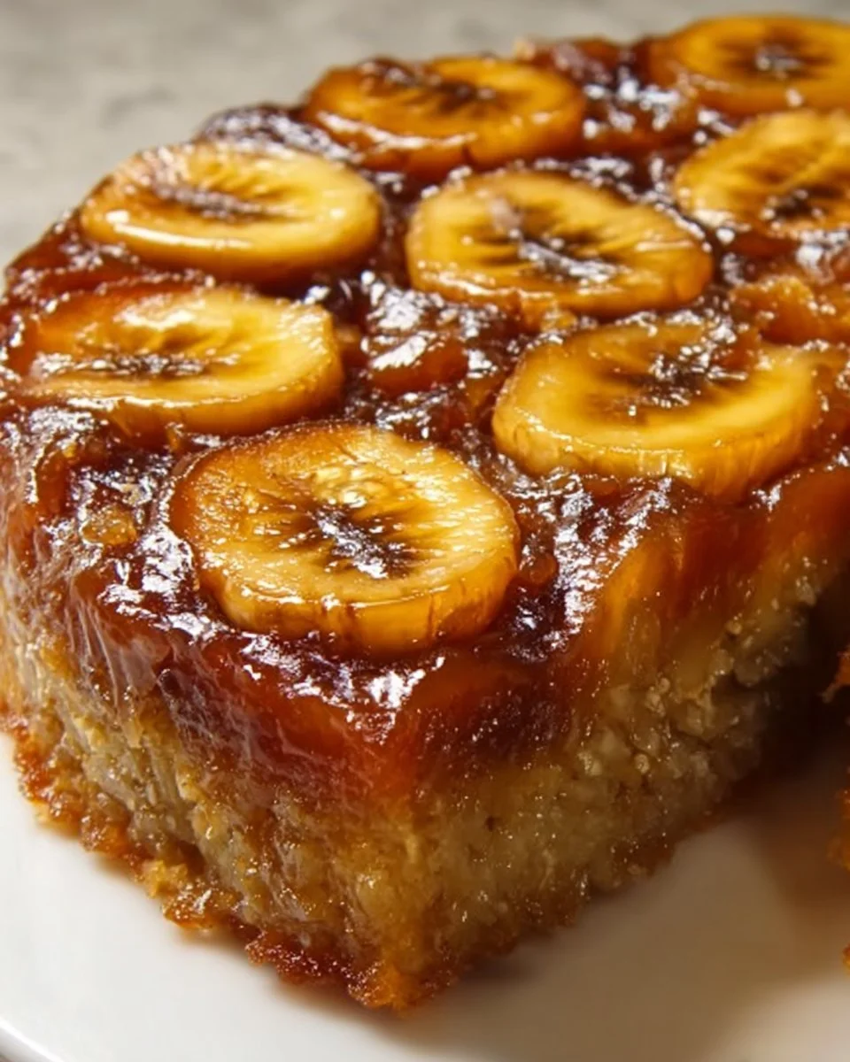 Karamellisierter Bananen-Umdreht-Kuchen mit saftigen Bananen und Karamellsoße