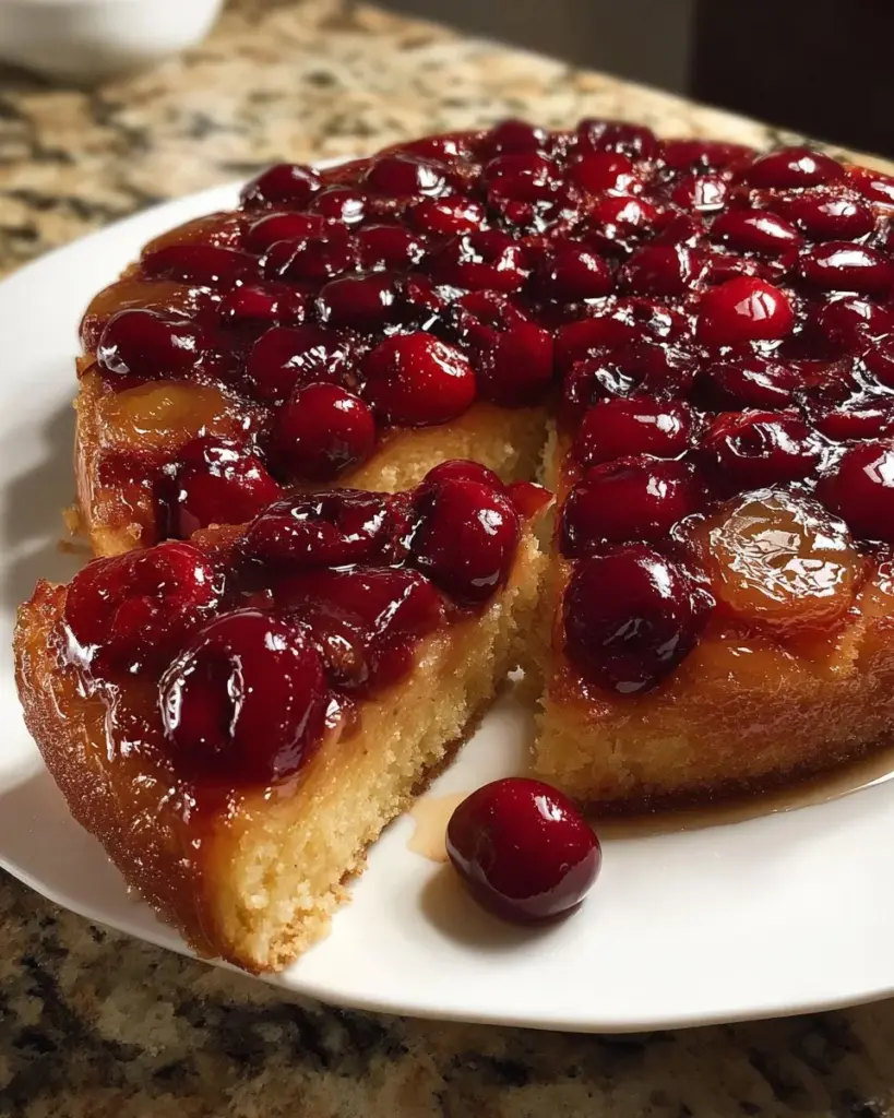 Kirsch-Upside-Down-Kuchen auf einem Teller, perfekt angerichtet und dekoriert.