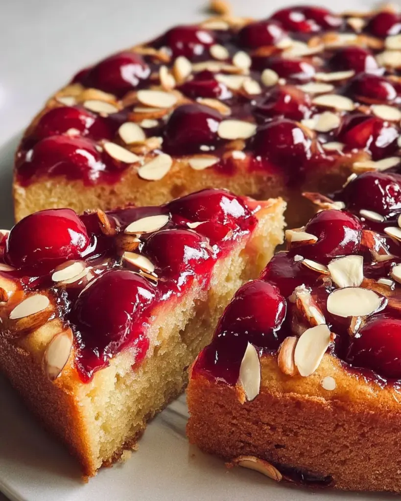 Köstlicher Kirschen-Mandel-Kuchen auf dem Kopf für ein kreatives Backerlebnis