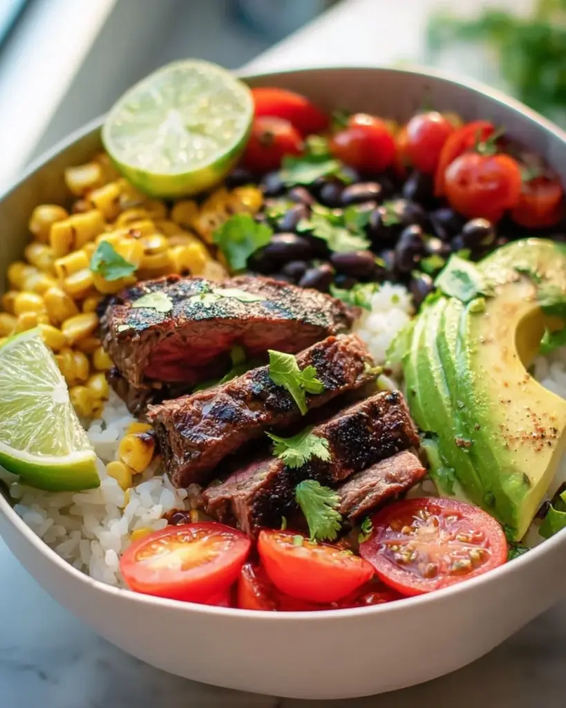 Leckere Koriander-Limetten-Steak-Bowls serviert in einer Schüssel