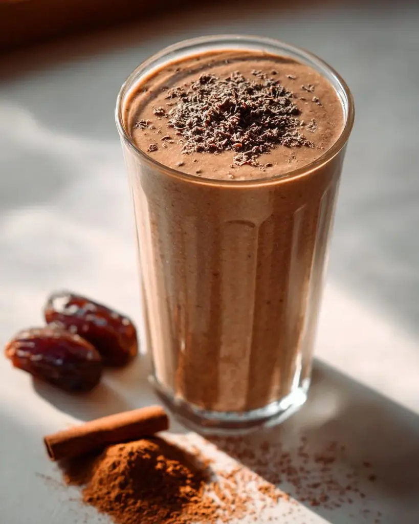 Leckerer Zimt-Dattel-Smoothie in einem Glas mit frischen Zutaten