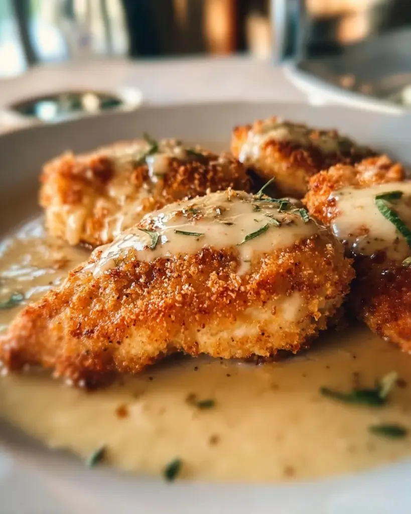 Parmesan-Krustenhähnchen mit Knoblauchsauce auf einem Teller angerichtet