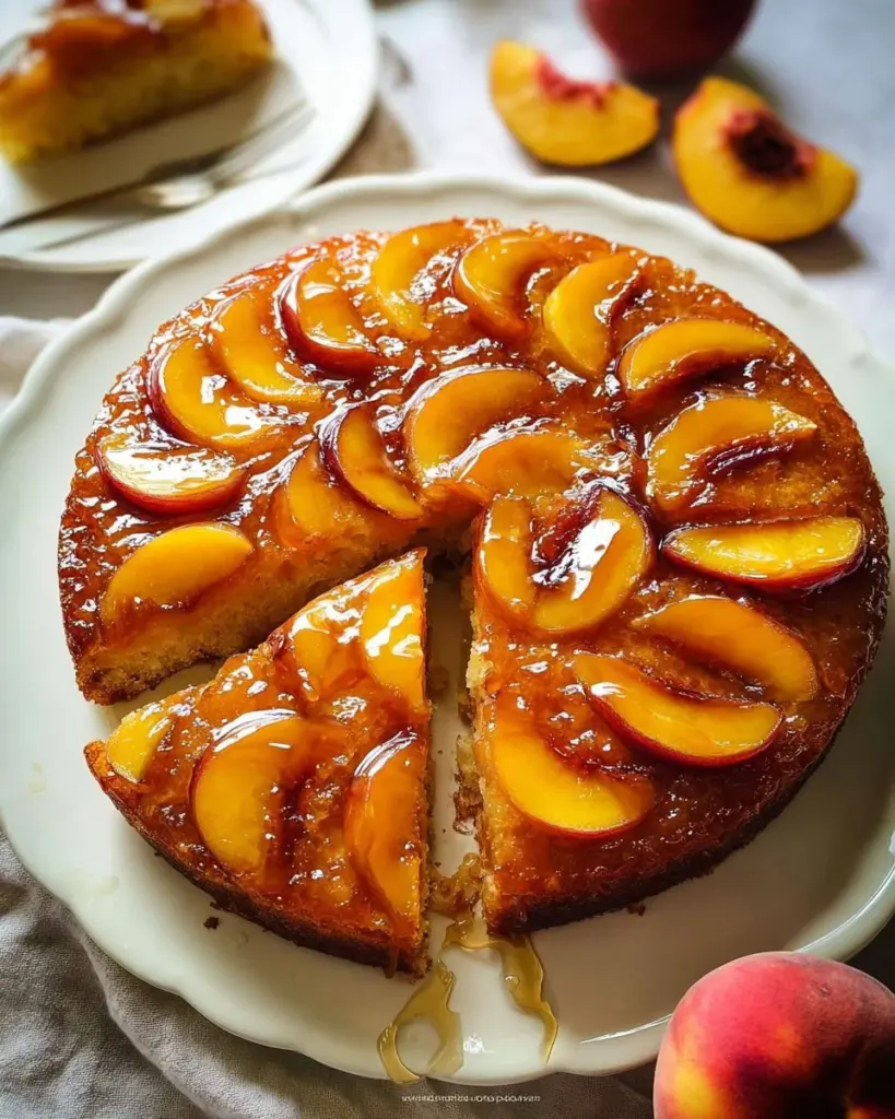Pfirsich-Honig-Umgedrehter Kuchen, der köstlich aus dem Ofen kommt, für den Sommer.
