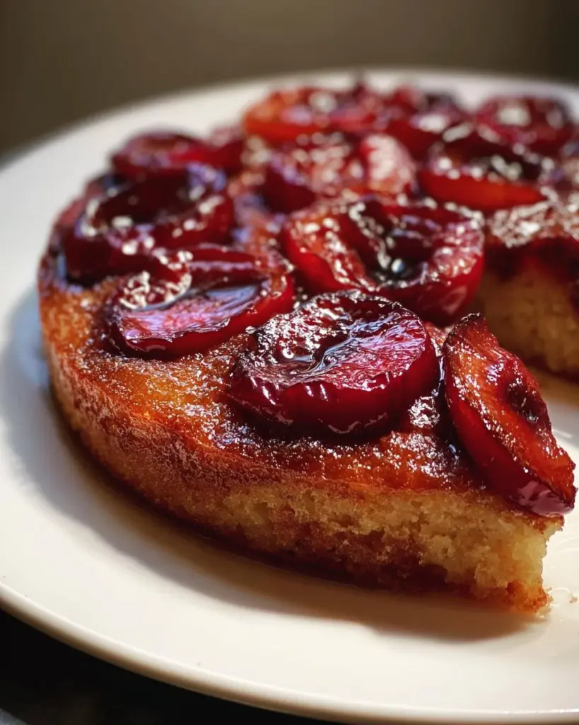 Pflaumen-Ingwer-Kuchen auf dem Kopf, ein köstliches Dessert mit fruchtigem und würzigem Geschmack.