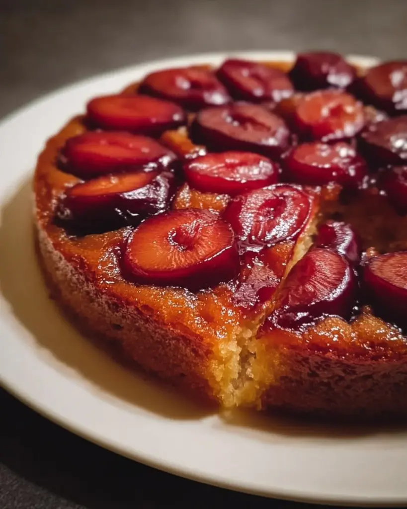 Pflaumen-Umdrehen-Kuchen auf einem Teller mit frischen Pflaumen