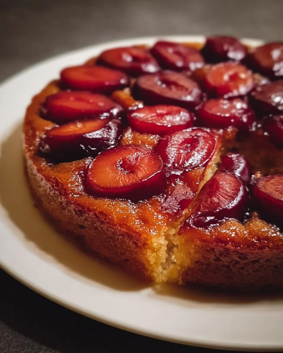 Pflaumen-Umdrehen-Kuchen auf einem Teller mit frischen Pflaumen