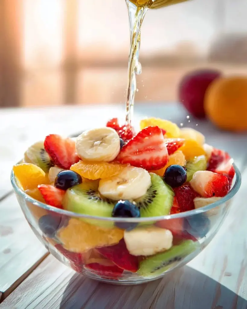 Regenbogen-Fruchtsalat mit Honig-Limetten-Dressing in einer bunten Schüssel