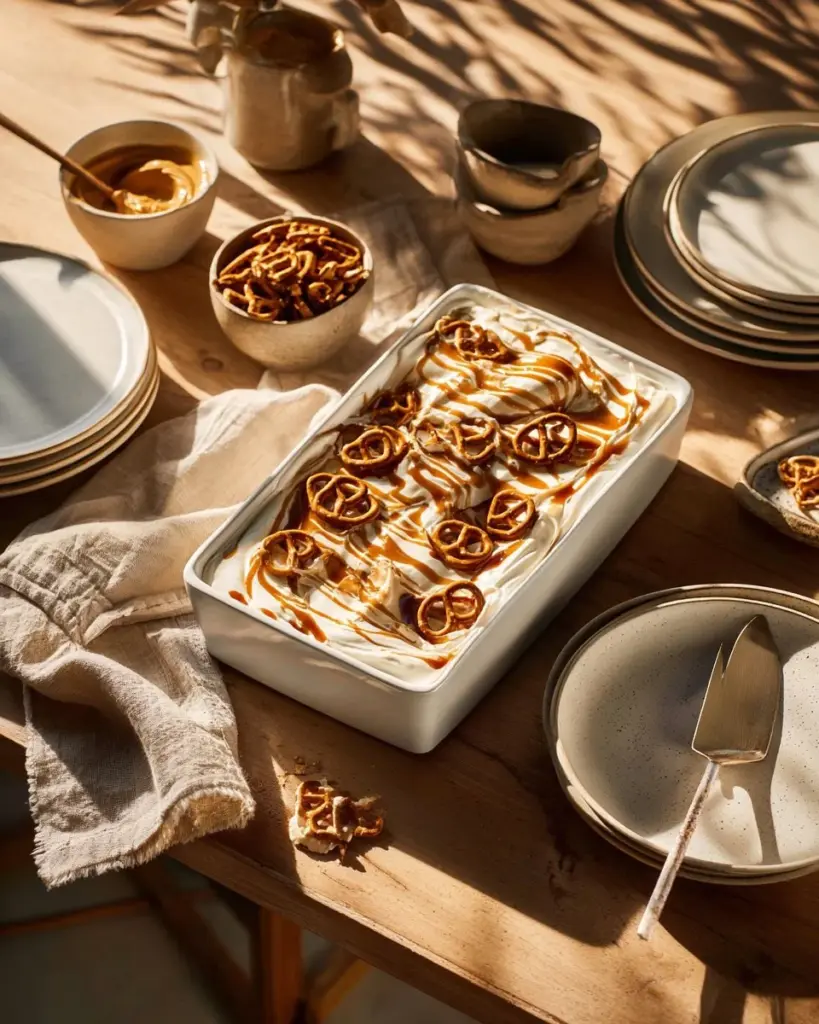 Ein köstliches Brezelboden-Dessert auf einem Teller mit Schokolade und Karamell.