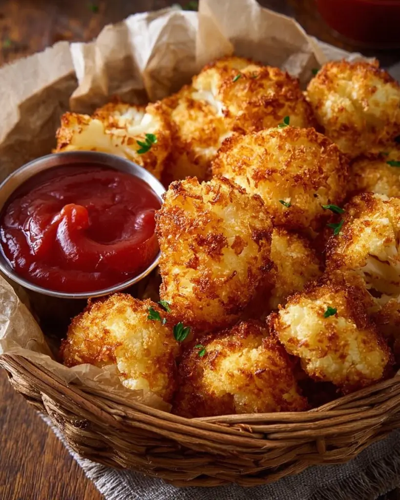 Hüttenkäse-Blumenkohl-Tots frisch aus dem Ofen, knusprig und lecker.