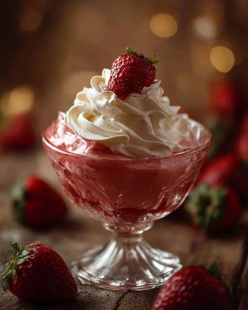 Erdbeer-Cheesecake-Mousse in einer Schale, dekoriert mit frischen Erdbeeren