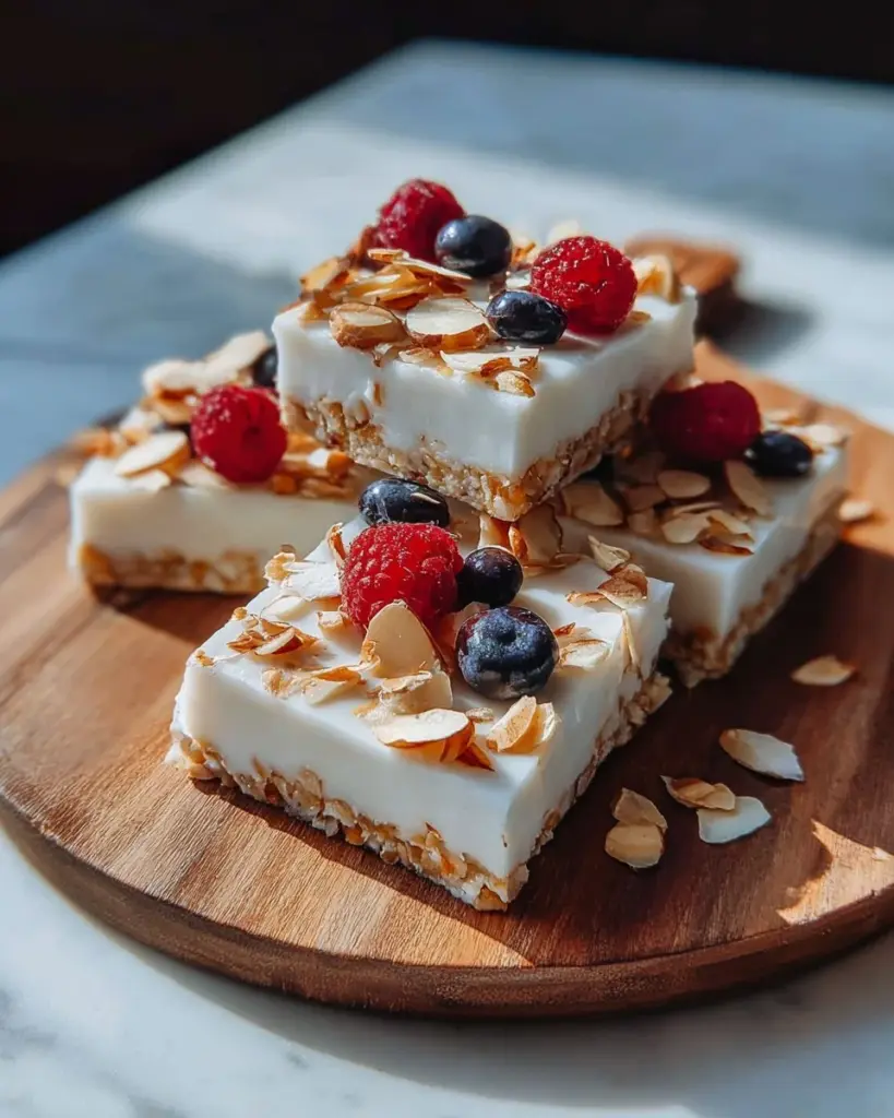 Unwiderstehliches Honig-Joghurt-Bark auf einem Holzbrett serviert.