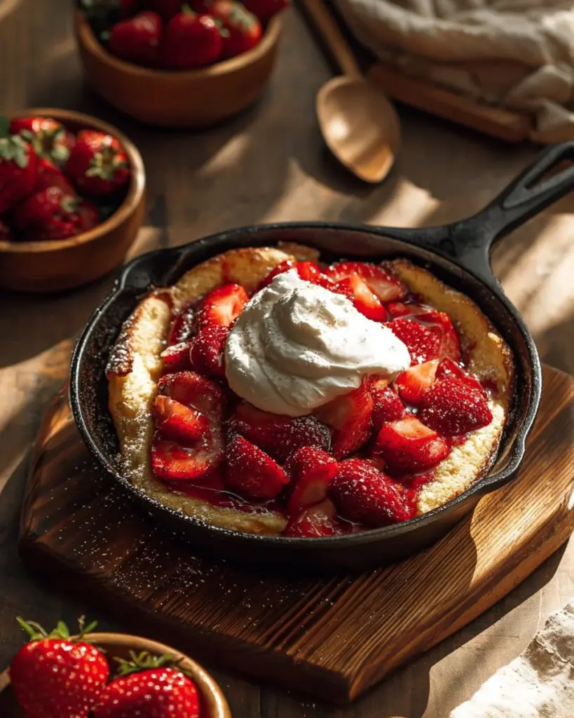 Pfannen-Erdbeer-Shortcake Dessert mit frischen Erdbeeren und sahniger Garnierung