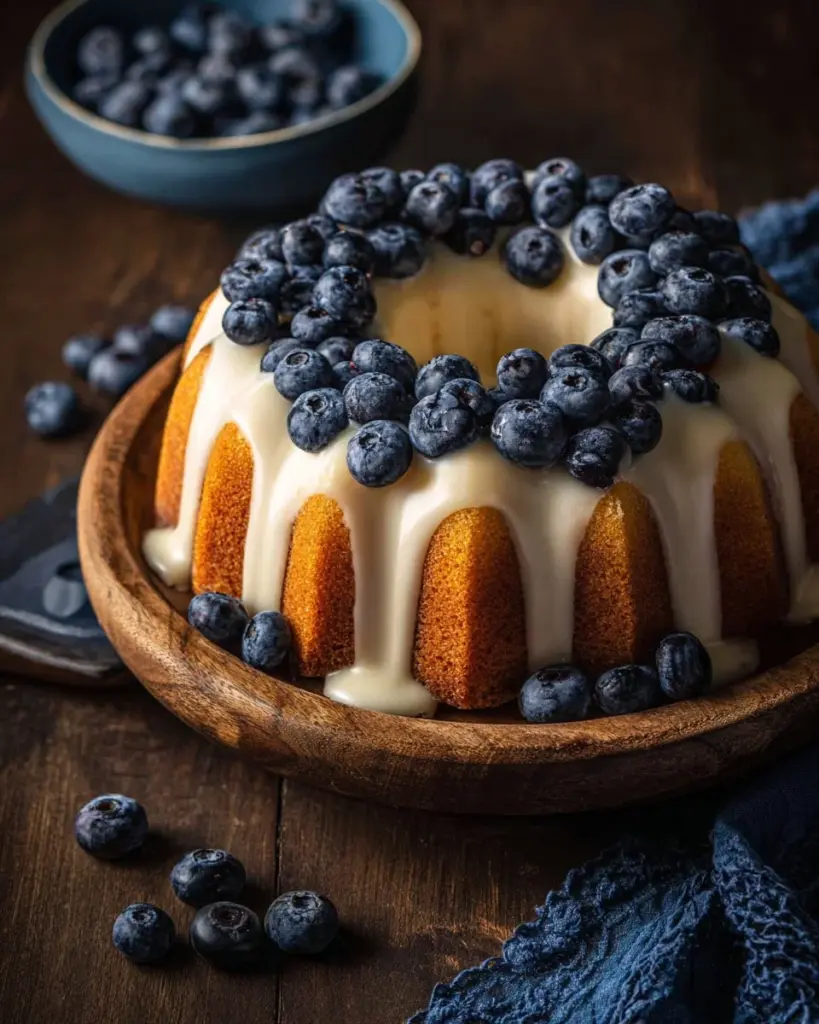 Zitronen-Blaubeer-Poundcake auf einem Teller, dekoriert mit frischen Blaubeeren und Zitronenscheiben.