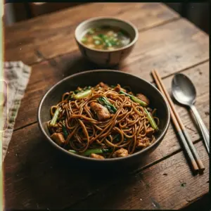 Eine schmackhafte Portion Hühnchen Chow Mein in einer Schüssel serviert.