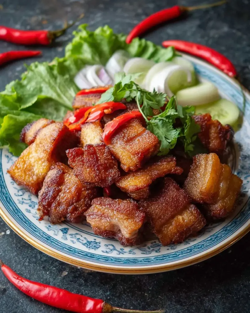 Knuspriger Schweinebauch Thai-Art serviert auf einem Teller