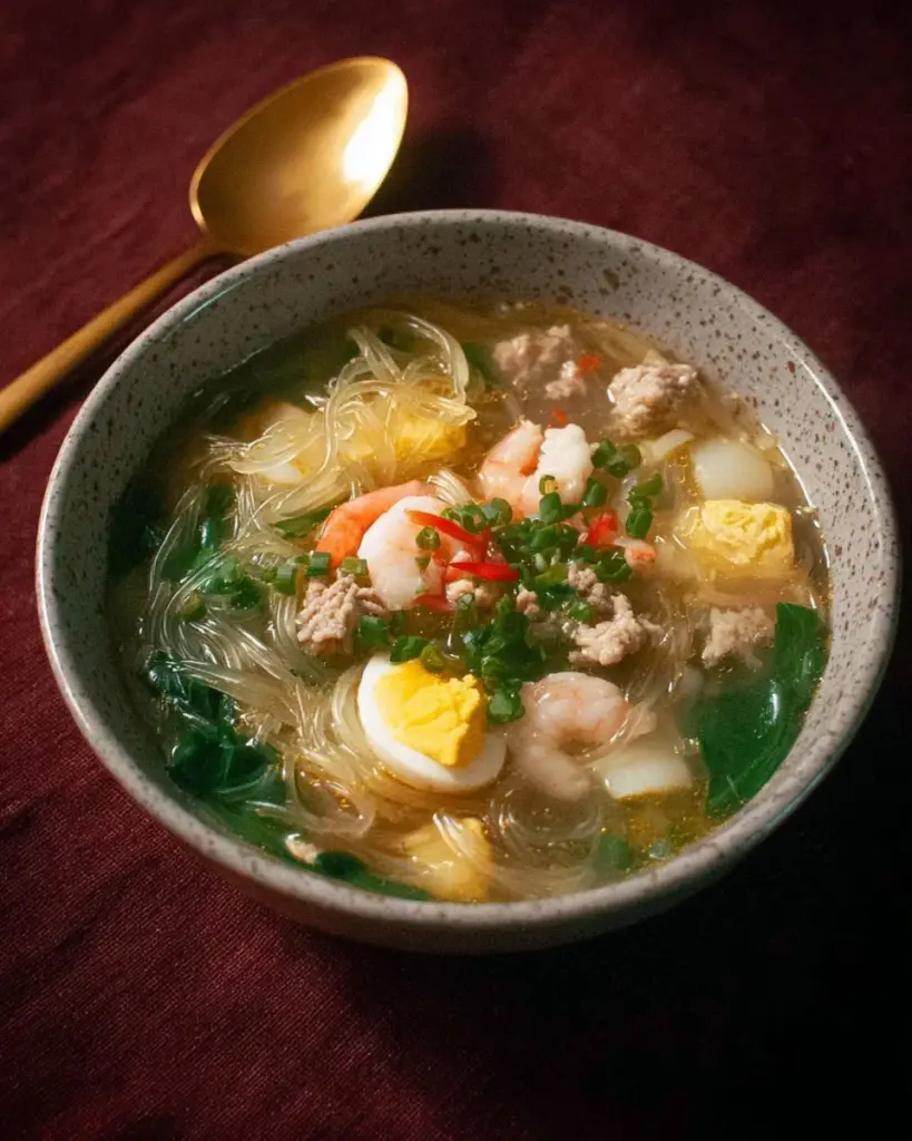 Schüssel mit Thai-Glasnudelsuppe, frisch zubereitet mit Kräutern und Gewürzen