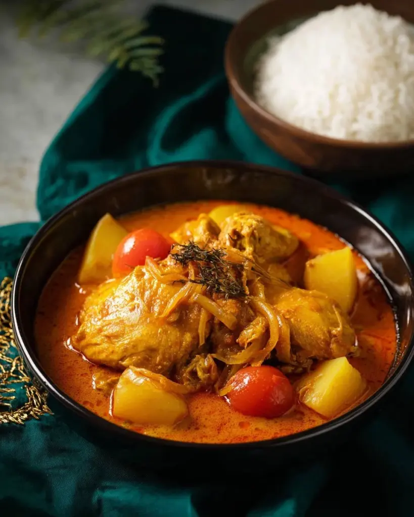 Authentisches thailändisches gelbes Curry mit Huhn und Kartoffeln auf einem Teller