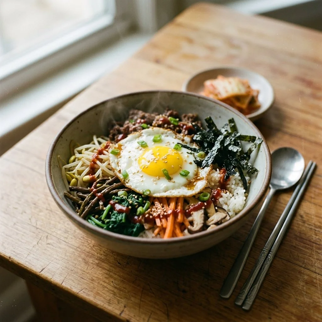 Eine Schüssel Bibimbap mit buntem Gemüse, Reis und Spiegelei.