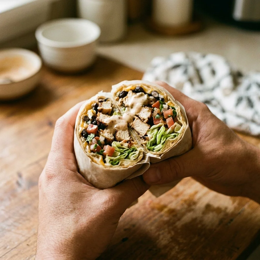 Leckeres Hähnchen-Burrito mit Chipotle-Ranch-Sauce, gegrillt und serviert.