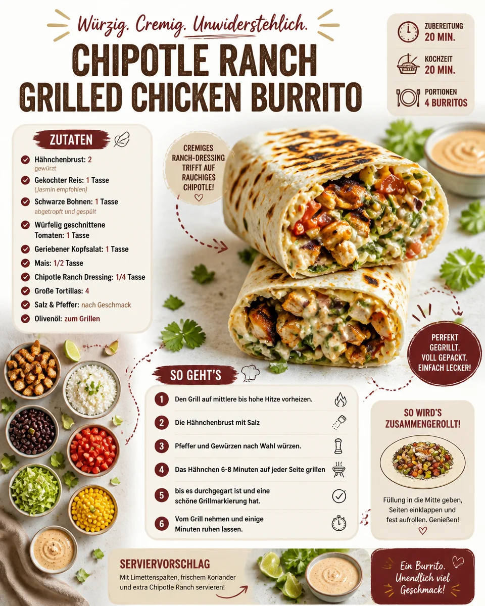 Chipotle-Ranch-gegrilltes Hähnchen-Burrito
