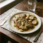 Cremige Knoblauch-Schweinekoteletts auf einem Teller serviert