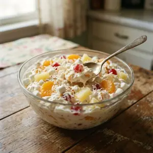 Köstlicher cremiger Ambrosia-Salat mit Früchten und Sahne