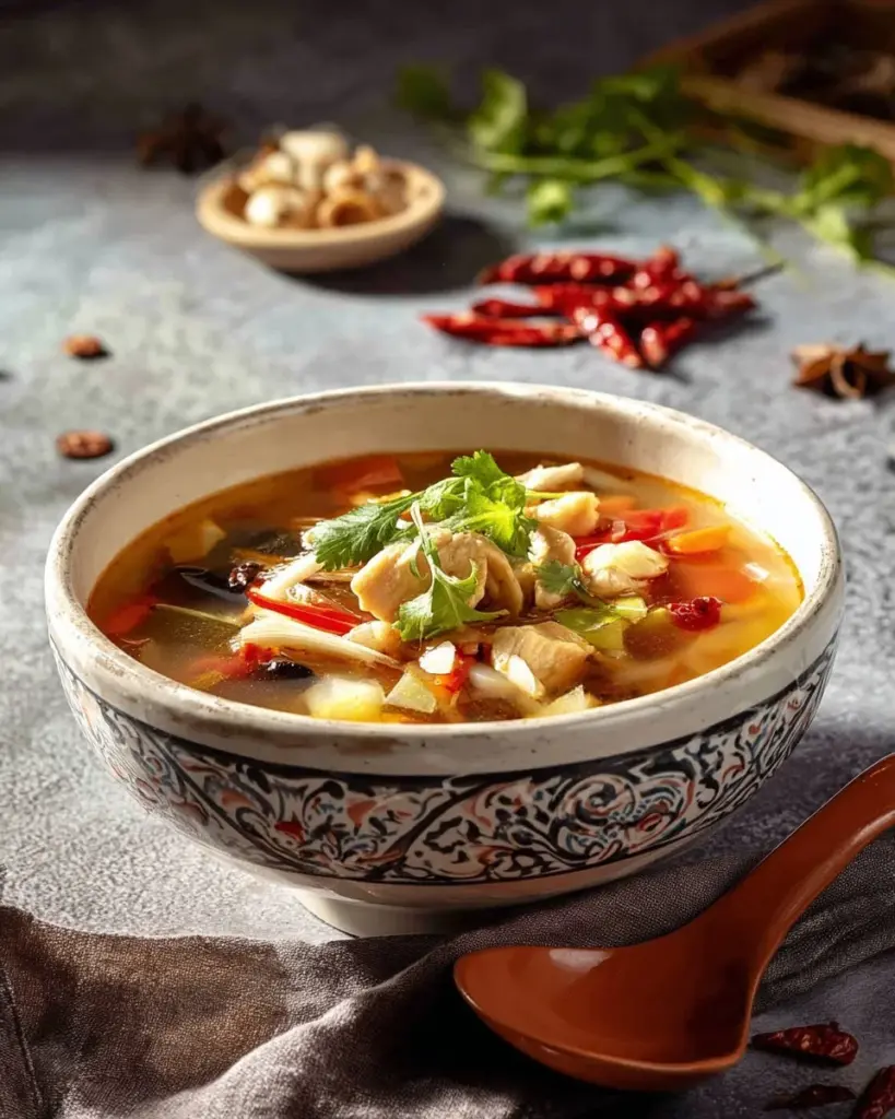 Schüssel mit Tom Yum Suppe, garniert mit Hühnerflügeln und frischen Kräutern.